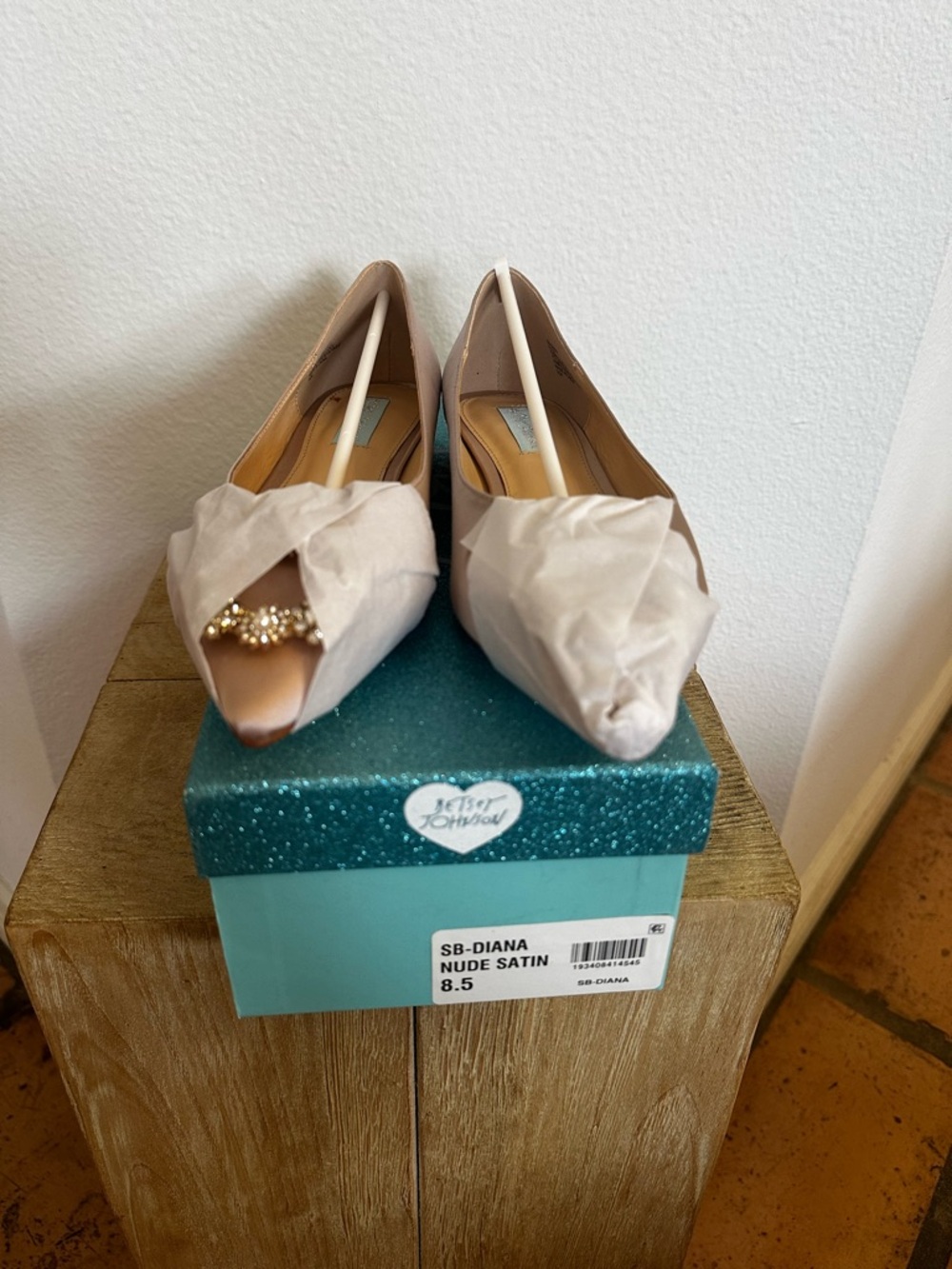 Betsey Johnson Nude Satin Pointed Flats with Crystal Buckle - Picture 2 of 6